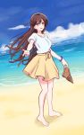  1girl absurdres barefoot beach blouse blue_sky boots_removed brown_eyes brown_footwear brown_hair cloud commentary_request day dutch_angle full_body half_updo highres kanojo_okarishimasu long_hair looking_at_viewer mizuhara_chizuru outdoors skirt sky smile solo standing swimsuit tutiya11 white_blouse yellow_skirt 