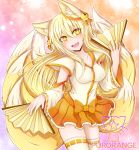  1girl absurdres animal_ears bell blonde_hair fan fox_ears fox_girl fox_tail highres japanese_clothes kitsune kitsune_mitsuko_(lunime) lunime miko nontraditional_miko open_mouth pur_orange smile tail 