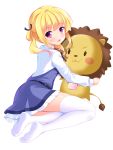  1girl :d bangs bashen_chenyue belt black_belt black_ribbon blonde_hair blue_dress blush collared_shirt dress eyebrows_visible_through_hair feet from_side full_body girlish_number hair_ribbon hair_rings highres holding holding_stuffed_animal long_sleeves looking_at_viewer looking_to_the_side neck_ribbon no_shoes open_mouth purple_eyes ribbon shirt simple_background sleeveless sleeveless_dress smile soles solo sonou_momoka stuffed_animal stuffed_lion stuffed_toy thighhighs twintails white_background white_legwear white_shirt 