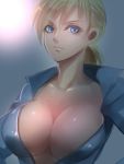  1girl blonde_hair blue_eyes bodysuit breasts cleavage closed_mouth jill_valentine large_breasts looking_at_viewer medium_hair nagare ponytail resident_evil resident_evil_5 simple_background 