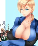  1girl albert_wesker blonde_hair blue_eyes bodysuit breasts chris_redfield cleavage gloves jill_valentine large_breasts looking_at_viewer medium_hair multiple_boys nagare ponytail resident_evil resident_evil_5 sunglasses 