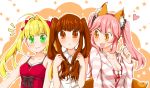  3girls :&lt; :3 ahoge alternate_hairstyle animal_ears blonde_hair bow breasts brown_eyes brown_hair cleavage collared_shirt fang fate/extra fate_(series) fox_ears fox_tail green_eyes hair_bow heart highres kishinami_hakuno_(female) multiple_girls nero_claudius_(fate) nero_claudius_(fate)_(all) pink_hair shirt star tail tamamo_(fate)_(all) tamamo_no_mae_(fate) tomo_(tomotomo59) twintails twintails_day yellow_eyes 