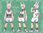  1boy animal_ears animal_toyroom bike_shorts bunny_ears bunnyboy character_sheet green_background highres male_focus midriff navel necktie original red_eyes shoes shorts smile sneakers solo vest virtual_youtuber white_hair 