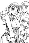  1girl blush breasts chi-chi_(dragon_ball) chinese_clothes closed_mouth dragon_ball dragon_ball_(classic) harumaki long_hair looking_at_viewer medium_hair monochrome open_mouth simple_background smile solo white_background 