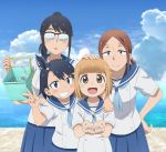  4girls :d bangs black_hair blue_eyes blue_ribbon blue_skirt blue_sky brown_eyes brown_hair bucket closed_eyes cloud collarbone cupping_hands day eyebrows_visible_through_hair fish glasses hair_ornament hand_on_another&#039;s_head hand_on_hip highres hodaka_natsumi holding holding_bucket houkago_teibou_nisshi kuroiwa_yuuki multiple_girls ocean official_art oono_makoto open_mouth outdoors pleated_skirt ponytail ribbon sailor_collar school_uniform shirt sidelocks skirt sky smile teeth tsurugi_hina v white_shirt 