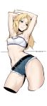  1girl absurdres armpits arms_up bandeau belt black_belt blonde_hair blush breasts character_name cropped_legs cutoffs denim denim_shorts expressionless fate/apocrypha fate_(series) green_eyes highres long_hair looking_away mordred_(fate) mordred_(fate)_(all) navel shorts small_breasts solo takatun223 thighs 