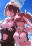  2girls ;p absurdres ahoge arm_tattoo armpits azur_lane baltimore_(azur_lane) baltimore_(black_ace)_(azur_lane) bangs bare_shoulders black_choker black_shorts blue_sky blush braid breasts bremerton_(azur_lane) bremerton_(scorching-hot_training)_(azur_lane) brown_hair brown_jacket chain-link_fence chest_tattoo choker cleavage cloud collarbone commentary_request cowboy_shot crop_top crop_top_overhang crossed_arms day eyebrows_visible_through_hair fang fence french_braid green_skirt grey_hair grin hair_between_eyes hair_intakes hair_ornament hairclip hand_on_thigh hand_up head_tilt heart heart_necklace highres jacket large_breasts leaning_forward long_hair long_sleeves looking_at_viewer midriff mole mole_under_eye multicolored_hair multiple_girls navel off-shoulder_jacket one_eye_closed outdoors partially_unzipped pink_eyes pink_hair ryou_(ryo_217cafe) salute shirt short_hair short_shorts shorts shoulder_tattoo sidelocks skirt sky sleeveless sleeveless_shirt smile sports_bra sportswear standing streaked_hair tattoo tennis_uniform tongue tongue_out twintails two-tone_hair two-tone_skirt white_shirt white_skirt white_sports_bra yellow_eyes 