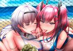  1boy azur_lane bare_shoulders blush breasts bremerton_(azur_lane) bremerton_(scorching-hot_training)_(azur_lane) censored cheerleader chin_gero closed_eyes crop_top cum cum_on_body cum_on_breasts cum_on_upper_body erection eyebrows_visible_through_hair grey_hair hair_between_eyes hair_ornament hairband hairclip hetero huge_breasts large_breasts long_hair looking_at_viewer multicolored_hair paizuri penis pink_eyes pink_hair reno_(azur_lane) reno_(biggest_little_cheerleader)_(azur_lane) see-through shirt short_hair sidelocks sleeveless sportswear streaked_hair sweat tennis_uniform twintails two-tone_skirt underboob 