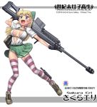  1girl 2018 ahoge anti-materiel_rifle artist_name bag barrett_m82 blonde_hair blue_eyes breasts character_name choker covered_nipples full_body green_ribbon gun hair_ribbon hase_yu knife_holster logo long_hair medium_breasts miniskirt open_mouth original ribbon rifle skirt smile sniper_rifle solo striped striped_legwear thighhighs translation_request weapon zettai_ryouiki 