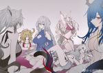  6+girls absurdres animal_ears arknights arm_up armpits blue_hair bracelet breasts brown_hair ch&#039;en_(arknights) cleavage cleavage_cutout criss-cross_halter dress gitano_(arknights) hair_between_eyes halterneck harem_outfit highres horns jewelry jinghzn lappland_(arknights) large_breasts long_hair looking_at_viewer lying midriff multiple_girls navel on_back on_stomach ponytail profile red_eyes schwarz_(arknights) sidelocks siege_(arknights) silver_hair sitting skadi_(arknights) thighlet turtleneck weibo_username white_dress 