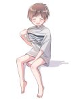  1boy bangs barefoot blush brown_hair closed_eyes collar_tug eyebrows_visible_through_hair full_body hand_up highres male_focus naked_shirt open_mouth original oversized_clothes oversized_shirt piko_(pixiv) shadow shirt short_sleeves simple_background sitting smile solo t-shirt white_background 