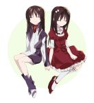  2girls ^_^ bangs black_hair boots bow closed_eyes cropped_jacket dress frills hair_bow hairband holding_hands invisible_chair long_hair long_sleeves minashiro_orihime minashiro_tsubaki mother_and_daughter multiple_girls nakanishi_tamaki puffy_sleeves red_dress shiny shiny_hair sitting skirt smile socks soukyuu_no_fafner uniform white_background white_legwear yri_ll 