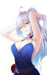  1girl adjusting_hair ahoge armpits arms_behind_head arms_up bangs belt braid breasts cleavage commentary_request granblue_fantasy hair_between_eyes head_tilt high_ponytail highres large_breasts long_hair multicolored_hair pale_skin parted_lips silva_(granblue_fantasy) silver_hair twin_braids wavy_hair yellow_eyes yuuge_ningen 