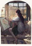  1girl and_dumb516 barefoot brown_hair facing_away from_behind girl_with_a_pearl_earring highres holding holding_paintbrush long_hair original paintbrush painting painting_(object) shirt short_sleeves solo wavy_hair white_shirt 