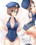  1girl albert_wesker blue_eyes breasts brown_hair chris_redfield cleavage closed_mouth hat jill_valentine large_breasts looking_at_viewer multiple_boys nagare resident_evil short_hair swimsuit 