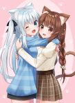  2girls :d animal_ear_fluff animal_ears anz32 bangs black_bow blue_eyes blush bow braid breasts brown_eyes brown_hair brown_skirt cat_ears cat_girl cat_tail commentary_request cowboy_shot eyebrows_visible_through_hair fang flower hair_between_eyes hair_bow hair_flower hair_ornament hug juliet_sleeves long_hair long_sleeves multiple_girls open_mouth original pink_background pink_flower plaid plaid_skirt puffy_sleeves shirt silver_hair skirt small_breasts smile striped striped_shirt tail tail_raised twin_braids twintails twitter_username two-tone_background very_long_hair white_shirt 