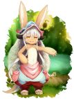  1girl absurdres animal_ears barefoot bunny_ears dog_tail furry hand_on_hip helmet highres horns long_hair made_in_abyss nanachi_(made_in_abyss) outdoors outstretched_arm pants paws pouch renroujiang silver_hair smile solo tail topless water whiskers yellow_eyes 