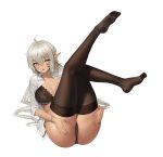  1girl absurdres ahoge ass black_bra black_nails black_panties bra bracelet breasts brown_legwear cleavage collared_shirt elf facial_mark feet full_body grey_hair hands_on_own_ass highres jewelry large_breasts legs_up long_hair looking_at_viewer nail_polish no_shoes open_clothes open_mouth open_shirt original panties pointy_ears shirt sidelocks simple_background solo thighhighs underwear very_long_hair white_background white_shirt xi_xeong yellow_eyes 