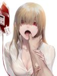  1girl absurdres arm_holding bangs bite_mark bleeding blood blood_bag blood_drip blunt_bangs breasts brown_hair buttons cleavage collared_shirt cuts empty_eyes eyelashes fangs finger_in_another&#039;s_mouth fingernails hair_over_eyes hand_on_another&#039;s_arm highres injury light_brown_hair long_hair looking_at_viewer luen_kulo medium_breasts note number open_mouth original pink_eyes pointy_ears pov pov_hands red_cross red_eyes shaded_face shirt simple_background solo_focus sweat tongue translation_request uvula vampire veins white_background white_shirt 