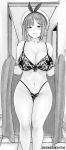  1girl absurdres atelier_(series) atelier_ryza bangs bare_shoulders berserkert blush bra breasts cleavage collarbone commentary curvy doorway eyebrows_visible_through_hair greyscale hat highres holding_sheet indoors lace lace_bra lace_panties large_breasts monochrome navel panties reisalin_stout ribbon short_hair sidelocks smile stomach thick_thighs thighs tile_floor tiles underwear white_headwear 