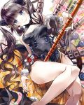  1girl bangs bare_shoulders black_dress blue_eyes blunt_bangs blurry blurry_background blush breasts china_dress chinese_clothes cleavage closed_mouth detached_sleeves dress fate/grand_order fate_(series) floral_print flower flute hair_ornament instrument large_breasts leaf_hair_ornament long_hair pipa_(instrument) purple_hair side_slit sidelocks smile solo thighs twintails very_long_hair white_background yane_(gokuderanyan) yang_guifei_(fate/grand_order) 
