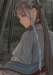  1girl back bamboo bamboo_forest braid fkey forest grey_hair hair_ornament highres long_hair nature original purple_eyes solo 