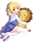  1girl :d bangs bashen_chenyue belt black_belt black_ribbon blonde_hair blue_dress blush collared_shirt dress eyebrows_visible_through_hair feet from_side full_body girlish_number hair_ribbon hair_rings highres holding holding_stuffed_animal long_sleeves looking_at_viewer looking_to_the_side neck_ribbon no_shoes open_mouth purple_eyes ribbon shadow shirt sleeveless sleeveless_dress smile soles solo sonou_momoka stuffed_animal stuffed_lion stuffed_toy thighhighs twintails white_background white_legwear white_shirt 