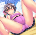  1girl ahoge akebono_(kantai_collection) bell bikini blush cameltoe flat_chest flower hair_flower hair_ornament hase_yu jingle_bell kantai_collection lying miniskirt on_back perspective pink_bikini purple_eyes side_ponytail skirt solo spread_legs sweatdrop swimsuit 