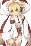  1girl andira_(granblue_fantasy) animal_ears bangs bare_shoulders blonde_hair blush breasts brown_eyes detached_sleeves erune granblue_fantasy leotard long_sleeves looking_at_viewer monkey_ears monkey_girl monkey_tail obi open_mouth sash shiseki_hirame short_hair simple_background small_breasts solo tail thighhighs thighs two_side_up white_background white_legwear white_leotard wide_sleeves 