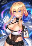  1girl absurdres azur_lane bare_shoulders blonde_hair blue_eyes blush braid breast_tattoo breasts cleavage eyebrows_visible_through_hair gyaru hair_ornament highres id_card kogal large_breasts long_hair looking_at_viewer marblehead_(azur_lane) multicolored_hair navel navel_piercing nez-kun piercing pink_hair semi-rimless_eyewear short_shorts shorts sky sleeves_past_wrists smile solo standing star_(sky) starry_sky tattoo twin_braids under-rim_eyewear 