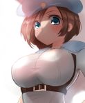  1girl blue_eyes breasts brown_hair closed_mouth hat jill_valentine large_breasts looking_at_viewer nagare resident_evil short_hair simple_background solo white_background 