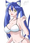  1girl albireo_(yumekui_merry) animal_ear_fluff animal_ears bare_shoulders bikini blue_hair breasts cat_ears cat_tail collarbone commentary cototiworld dated fang large_breasts midriff navel open_mouth signature simple_background solo swimsuit tail underboob white_background white_bikini yellow_eyes yumekui_merry 
