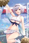  1girl :d arm_up armlet azur_lane bare_shoulders boots breasts cheerleader commentary crop_top crop_top_overhang grey_hair groin hairband highres holding_pom_poms joko_jmc large_breasts leg_up looking_at_viewer midriff miniskirt navel open_mouth pleated_skirt purple_eyes reno_(azur_lane) reno_(biggest_little_cheerleader)_(azur_lane) see-through shirt short_hair skirt sleeveless sleeveless_shirt smile solo stomach thighs underboob white_shirt white_skirt 