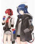  2girls arknights belt belt_pouch black_jacket black_shirt black_shorts blue_eyes blue_hair breasts closed_mouth cowboy_shot demon_tail drink drinking drinking_straw exusiai_(arknights) fur-trimmed_jacket fur_trim gloves grey_background halo hand_in_pocket headphones highres hood hooded_jacket jacket koio long_hair looking_at_viewer mostima_(arknights) multiple_girls pouch profile red_eyes red_hair red_scarf scarf shirt short_hair short_shorts shorts simple_background small_breasts smile straight_hair strap striped striped_scarf tail thighs turtleneck white_gloves white_jacket white_shirt white_shorts 