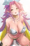  1girl angela_(seiken_densetsu_3) armor bikini_armor breasts cape choker cleavage gradient gradient_background grey_background highres jewelry large_breasts long_hair nasu_(luliice) necklace open_mouth pink_hair pointy_ears seiken_densetsu seiken_densetsu_3 yellow_eyes 