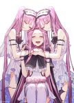  3girls :d armlet bangs bare_shoulders black_cape blush cape closed_eyes collar crying dress ede euryale eyebrows_visible_through_hair fate/grand_order fate/hollow_ataraxia fate_(series) flower frilled_hairband frills hairband headdress highres lolita_hairband long_hair medusa_(lancer)_(fate) multiple_girls open_mouth purple_hair siblings sidelocks sisters sitting smile standing stheno tears thighlet twintails very_long_hair white_dress 