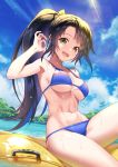  1girl :d artist_name banned_artist bikini black_hair blue_bikini blue_sky breasts cloud commentary_request day eyebrows_visible_through_hair hair_ribbon hand_up large_breasts long_hair looking_at_viewer midori_fuu navel open_mouth original ponytail ribbon sitting sky smile solo swimsuit teeth upper_teeth wet yellow_eyes yellow_ribbon 