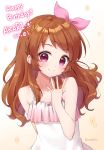  1girl aikatsu! aikatsu!_(series) aikatsu_on_parade! anz32 bare_arms bare_shoulders blush braid brown_background brown_hair character_name closed_mouth commentary_request crown_braid dated dress gradient gradient_background hair_ribbon hand_up happy_birthday long_hair oozora_akari pink_ribbon purple_eyes ribbon sleeveless sleeveless_dress smile solo sparkle twitter_username white_background white_dress 