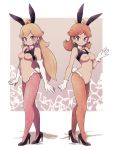  animal_ears blonde_hair blue_eyes bow bowtie breasts brown_hair bunny_ears bunny_tail crown earrings elbow_gloves gloves high_heels highres jewelry lamb-oic029 long_hair looking_at_viewer mario_(series) meme_attire naked_costume princess_daisy princess_peach reverse_bunnysuit reverse_outfit tail vest_lift white_gloves 