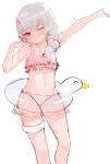  1girl absurdres arm_up bangs bare_arms bare_shoulders bikini blush character_request closed_mouth dokomon eyebrows_visible_through_hair frilled_bikini frills grey_hair hair_between_eyes hair_ornament hair_over_shoulder hand_on_own_shoulder hand_up heart heart_hair_ornament highres honkai_(series) honkai_impact_3rd innertube navel one_eye_closed outstretched_arm pink_bikini red_eyes simple_background sketch solo swimsuit white_background 
