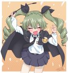  1girl :d anchovy_(girls_und_panzer) anzio_(emblem) anzio_school_uniform arm_up artist_name bangs belt black_belt black_cape black_neckwear black_ribbon black_skirt cape closed_eyes commentary dress_shirt drill_hair emblem eyebrows_visible_through_hair facing_viewer fanta_(the_banana_pistols) girls_und_panzer green_hair hair_ribbon highres holding long_hair long_sleeves miniskirt necktie open_mouth orange_background outside_border pantyhose pleated_skirt red_eyes ribbon riding_crop school_uniform shirt signature skirt smile solo twin_drills twintails white_legwear white_shirt 