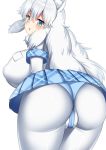  1girl artist_request ass ass_focus blue_eyes blue_panties blush breasts from_behind highres huge_breasts kemono_friends looking_back miniskirt open_mouth panties panties_over_pantyhose pantyhose pleated_skirt sidelocks simple_background skirt solo underwear white_background white_hair white_legwear white_lion_(kemono_friends) 