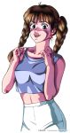  1990s_(style) 1996 1girl black_eyes braid brown_hair copyright earrings highres jewelry long_hair midriff open_mouth pc_engine_fan simple_background solo takada_akemi tank_top twin_braids white_background 