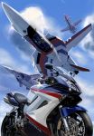  aircraft armor canards cloud cockpit commentary commentary_request fan_racer flying ground_vehicle helmet highres honda k-kat macross mecha motor_vehicle motorcycle pilot pilot_suit realistic roundel science_fiction spacesuit u.n._spacy variable_fighter vf-1 