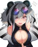  1girl absurdres animal_ears arknights black_hair breasts cleavage cleavage_cutout clothes_pull dress_pull eyebrows_visible_through_hair eyewear_on_head feater_(arknights) grey_hair highres large_breasts looking_at_viewer meow_nyang multicolored_hair open_mouth panda_ears red_eyes short_hair simple_background solo_focus streaked_hair sunglasses sweat twintails white_background 