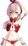  1girl alternate_costume ass_visible_through_thighs ayanami_(azur_lane) azur_lane bandeau bare_shoulders blush bow breasts chan&#039;nu christmas cleavage cowboy_shot elbow_gloves eyebrows_visible_through_hair fur-trimmed_gloves fur_trim gloves hair_between_eyes hairband hands_together heart highres long_hair looking_at_viewer medium_breasts midriff navel panties parted_lips ponytail red_gloves red_panties shade side-tie_panties silver_hair simple_background solo strapless thigh_gap thighs tubetop underwear white_background yellow_eyes 