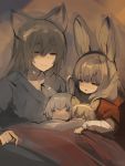  1girl 3boys animal_ears bangs blush bunny_ears closed_eyes family fang father_and_son fox_ears hair_between_eyes highres long_hair mother_and_son multiple_boys open_mouth original shirokujira sketch sleeping smile 