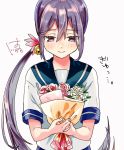  1girl akebono_(kantai_collection) artist_logo bell blue_sailor_collar bouquet commentary_request flower hair_bell hair_flower hair_ornament hatu_xxgoukan jingle_bell kantai_collection long_hair looking_down purple_eyes purple_hair rose sailor_collar school_uniform serafuku short_sleeves side_ponytail simple_background smile solo translation_request upper_body very_long_hair white_background 