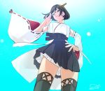 1girl black_hair black_skirt boots dated from_below glasses hand_on_hip headgear kantai_collection kirishima_(kantai_collection) looking_down nontraditional_miko pleated_skirt remodel_(kantai_collection) ribbon-trimmed_sleeves ribbon_trim shishanmo short_hair skirt smile solo thigh_boots thighhighs wide_sleeves 