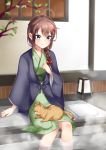  1girl 1other ahoge animal_on_lap bangs blue_eyes blush braid branch breasts brown_hair cat cat_on_lap commentary_request eyebrows_visible_through_hair foot_bath green_kimono hair_between_eyes hair_flaps hair_ornament hanten_(clothes) highres indoors japanese_clothes kantai_collection kimono long_sleeves mashiro_aa remodel_(kantai_collection) shigure_(kantai_collection) sidelocks single_braid small_breasts smile towel wading wide_sleeves 